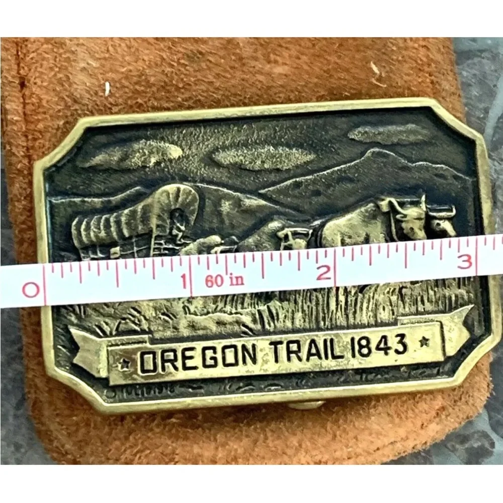 Vintage 1978 Oregon Trail Solid Brass Belt Buckle Ben Franklin DW-3657 + Pouch